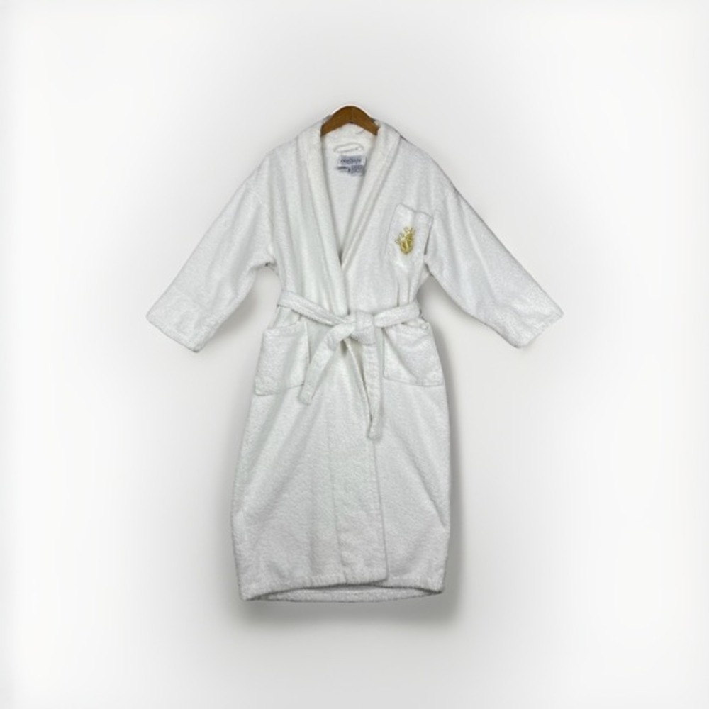 Vtg Oleg Cassini Terrycloth Robe Unisex OS 100% Cotton White‎ Pocket Crest Logo